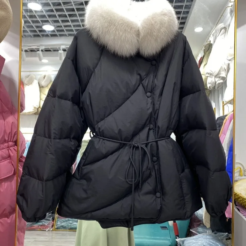 

Winter White Duck Down Women Coat Fashion Plush Neck Neck Tie Up Single Breasted Mid Length Loose Fit Warm Coat Female Parkas