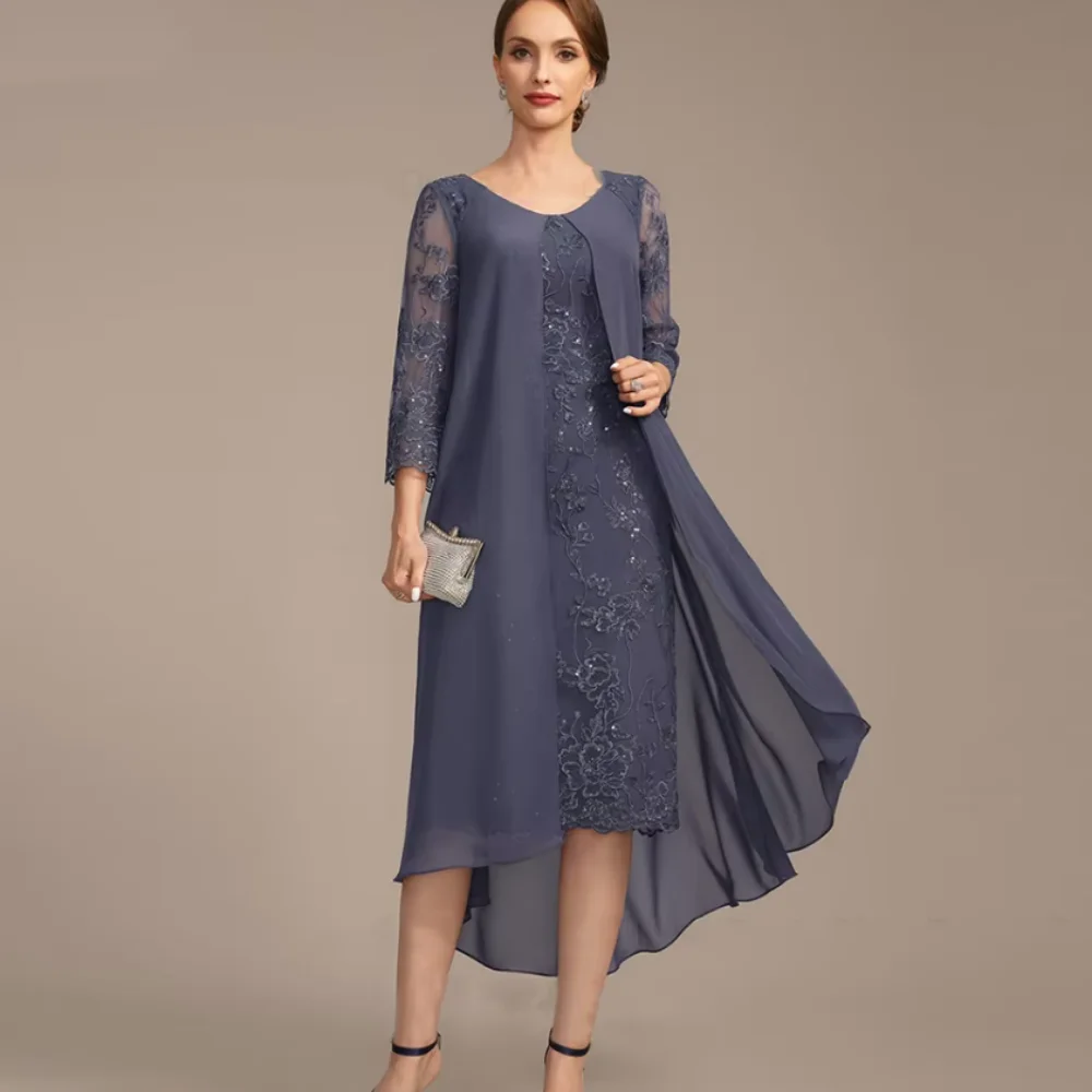 

Lace Customized Mother Of The Bride Dresses Straight Formal Dress O Neck Wedding Party Gown Tea-length vestido invitada boda