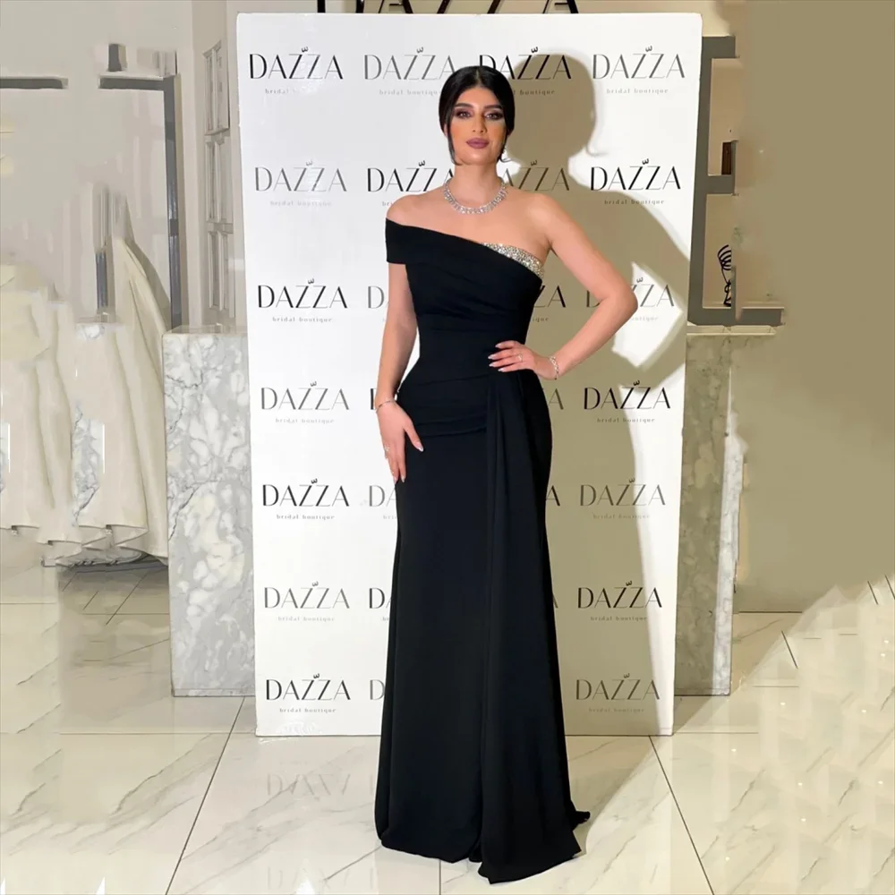 Meetlove – robe de bal longue au sol, avec perles noires, asymétrique épaule dénudée, plis, gaine en cristal Simple, personnalisée, brillante, pour mariage, 2025