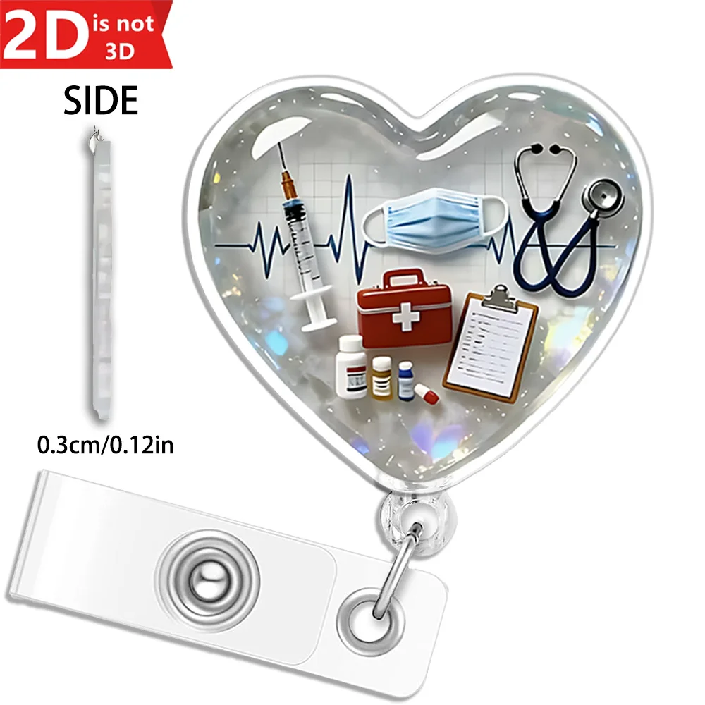 2D Medical Heart Acrylic Retractable Badge Reel, Holographic ID Card Holder with Alligator Clip for Nurse Doctor Office Staff