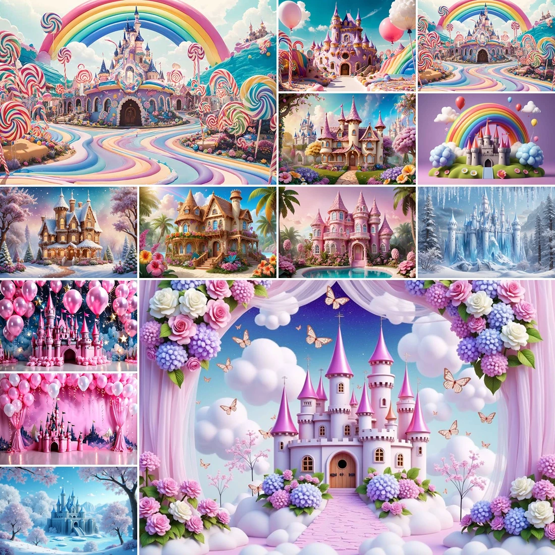 

MOON.QG Newborn Birthday Girl Photography Background Castle Candy Balloon Flower Photocall Backdrop Studio Photo Zone Props