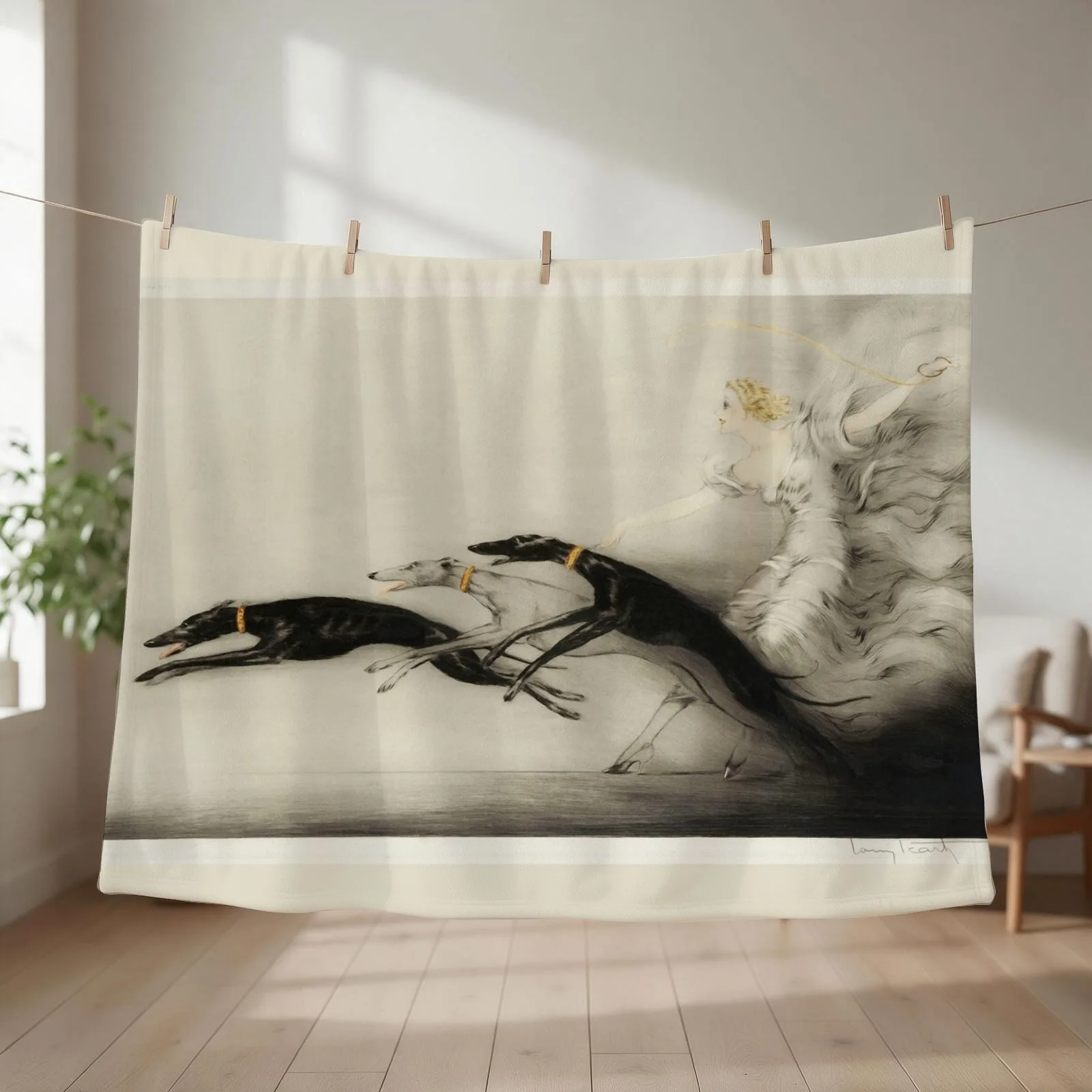 Vintage Art Deco illustration, woman walking her greyhound dogs Throw Blanket couch cozy soft plush fuzzy picnic outdoor blanket