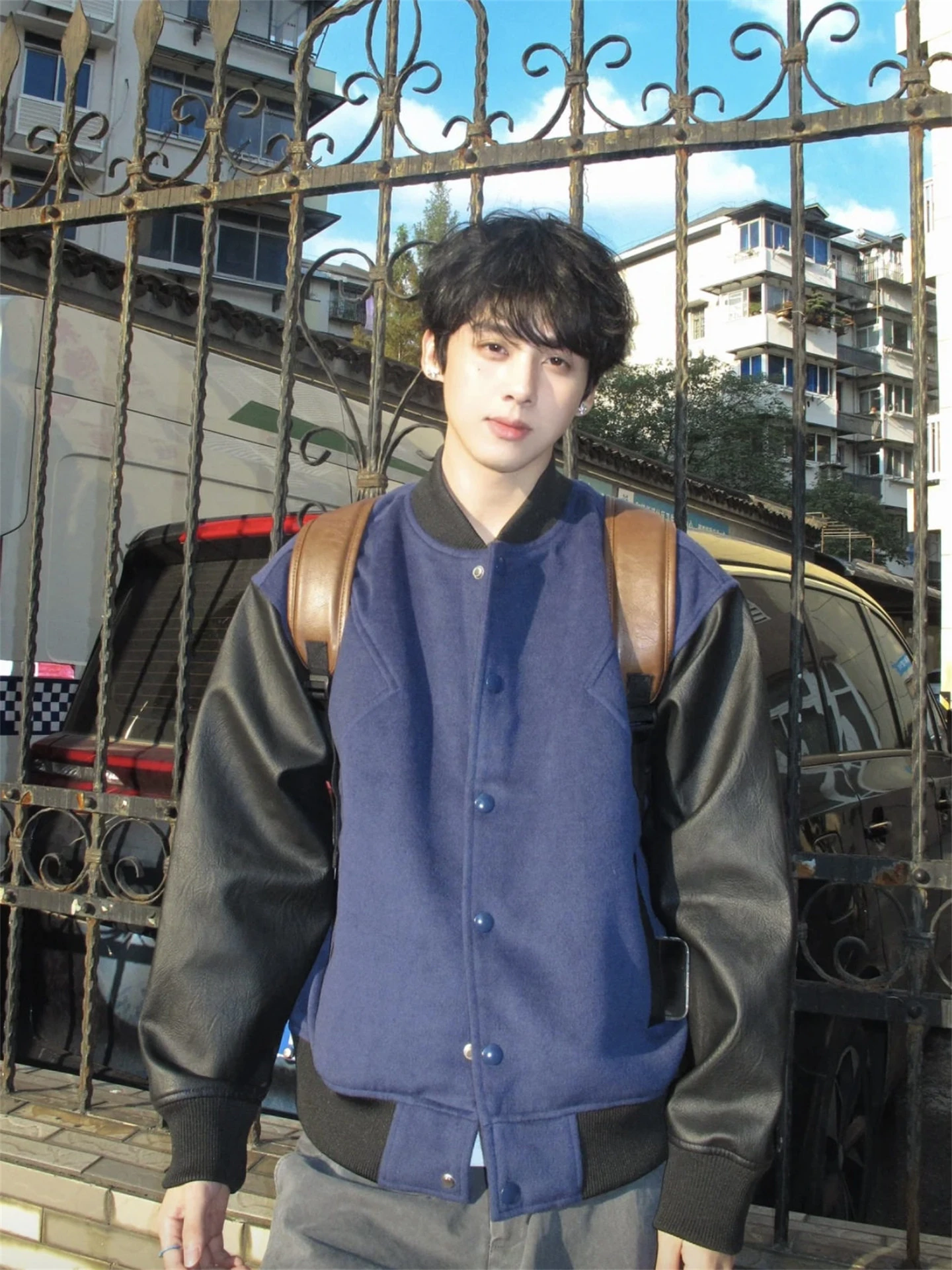Retro American Cleanfit Street Casual Jacket Men's PU Leather Short Style Baseball Coat Autumn Season High Street Splicing
