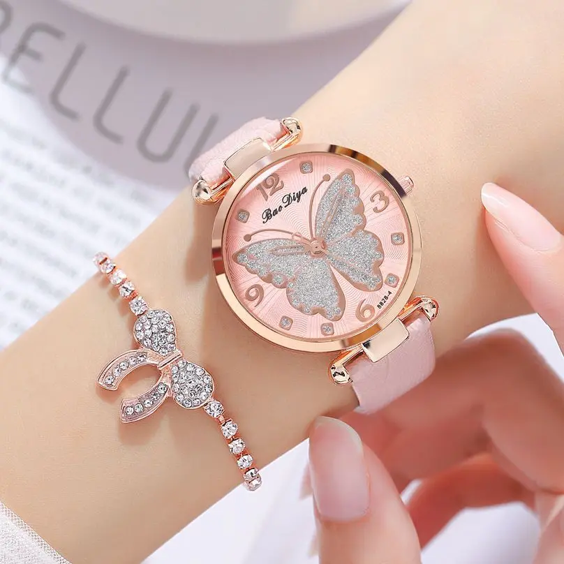 New Butterfly Watch For Women Pink Leather Strap Rhinestone Ladies Wristwatch Casual Luxury Quartz Female Watches montre femme