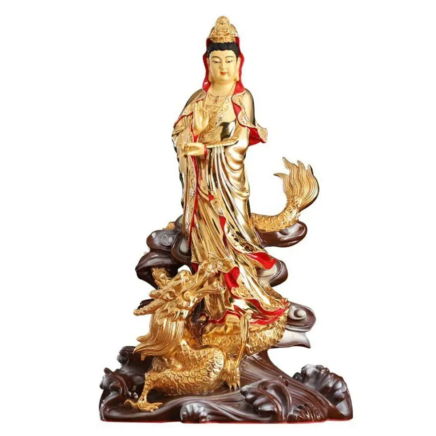 Chinese Copper Gilding Riding Dragon, Guanyin Buddha Statue, Avaloktesvara Goddess Sculpture, Large Size, 48cm