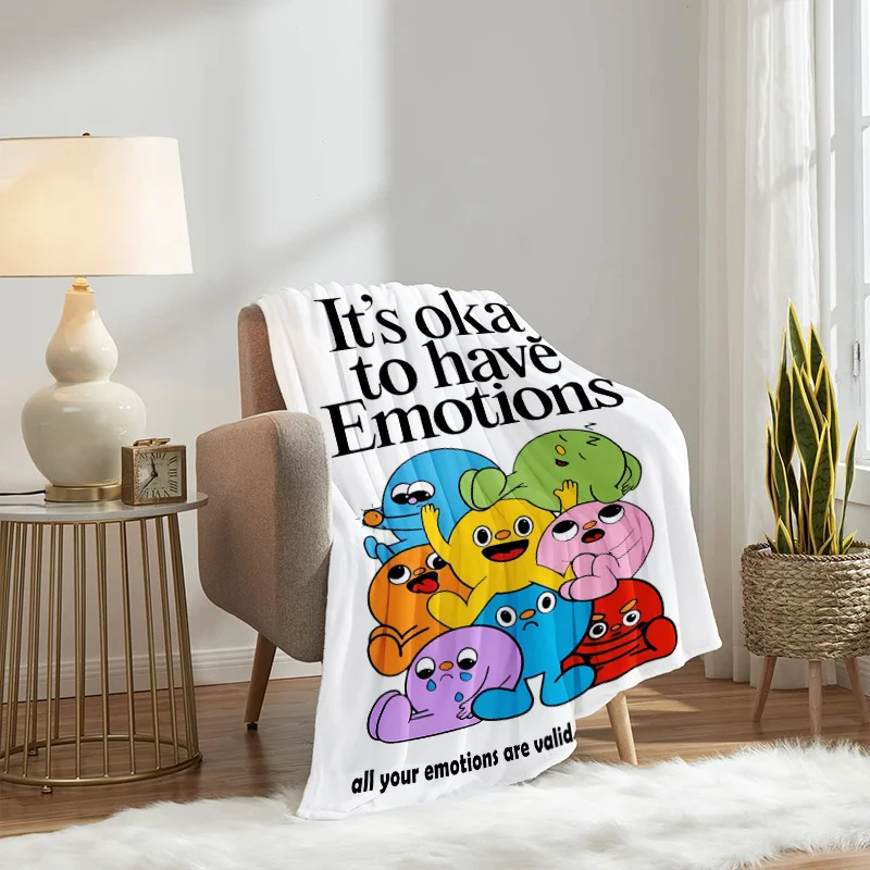 Cute Cartoon Emotion Character Flannel Throw Blanket,Positive Quote Print Soft Blanket for Kids Bedroom Sofa Cozy Home Decor Use