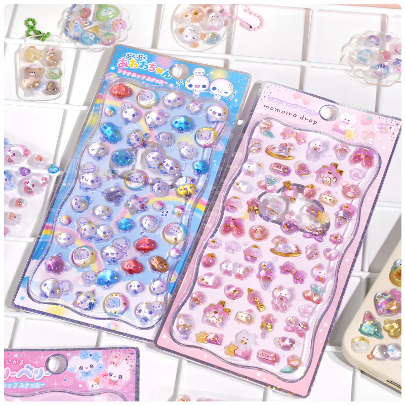 4PCS Kawaii 3D Relief Stickers Crystal Sticker Girl's Heart Series Cartoon Crystal Sticker Cute Decoration Decals Toys Gift