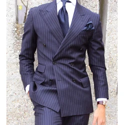 Navy Blue Pinstripe Men Suits Double Breasted Peak Lapel Outfits 2 Piece Slim Fit Formal Business Casual Suit (Jacket+Pants)