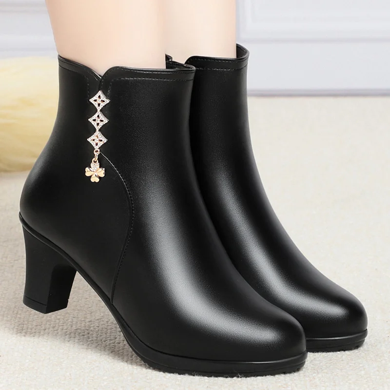 Autumn Winter Women's Leather Boots New Fashion Waterproof Side Zipper High Heels Non-slip Lightweight Warm Cotton Boots