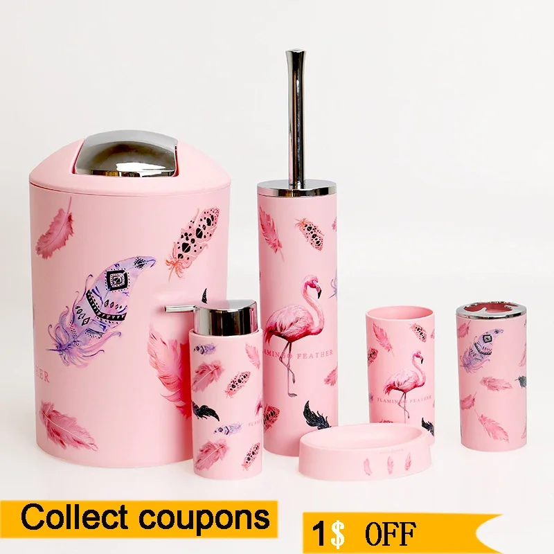 6 Pieces Bathroom Accessories Set Toothbrush Holder Organizer Storage Plastic Pink Flamingo Pattern  Gift Set Cup Soap Dispenser