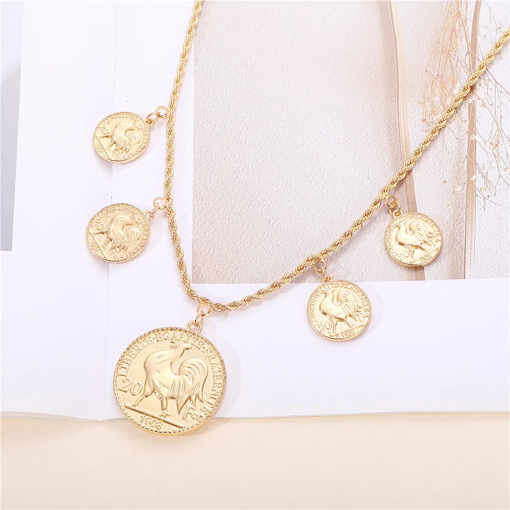 Hot Selling French Coins Rooster Accessories Pendants Stainless Steel Gold Chain Necklaces for Women Vintage Jewelry Wholesale