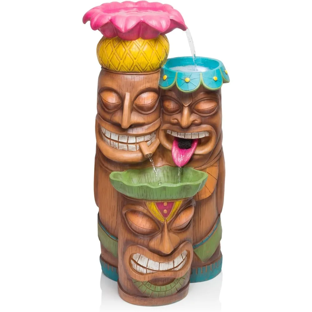 Indoor/Outdoor Floor 3-Tiered Colorful Tiki Head Water Fountain, Tropical Tiki Waterfall, 35