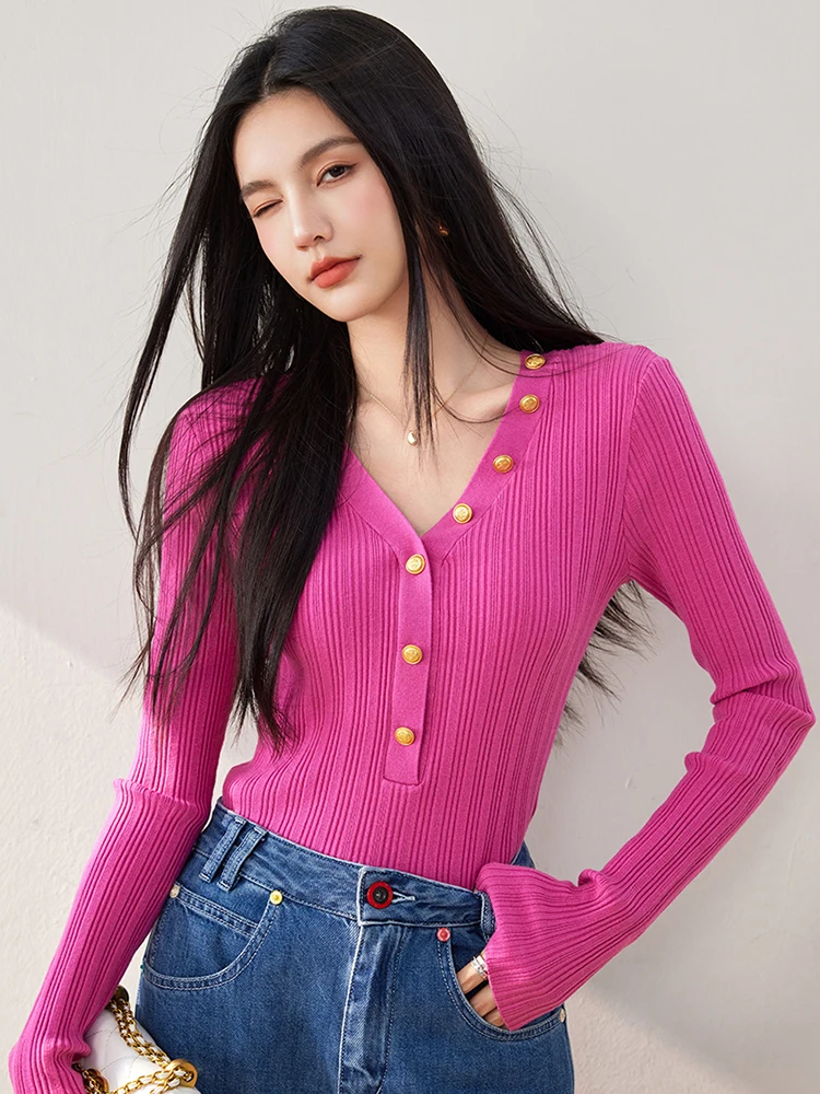 Women Autumn New Solid Color Slim Pullover Fashion Asymmetric V-neck Sweater Niche Design Long Sleeve Top