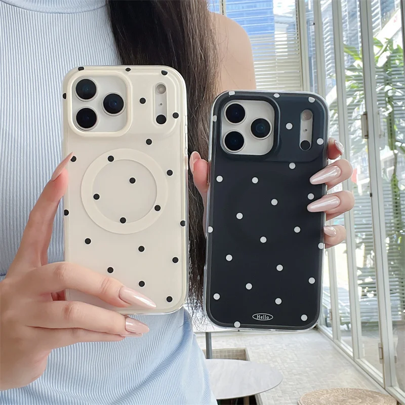 

Fashion Simple Black Polka Dot Magnetic Phone Case For iPhone 17 Pro 14 15 16 Pro Max Cover Shockproof Cases For Magsafe