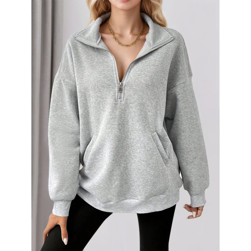 

YQ1-2025Women's Independent Station Casual Loose Fit Sports Solid Color Simple Long Sleeve High Neck Pocket Sweatshirt