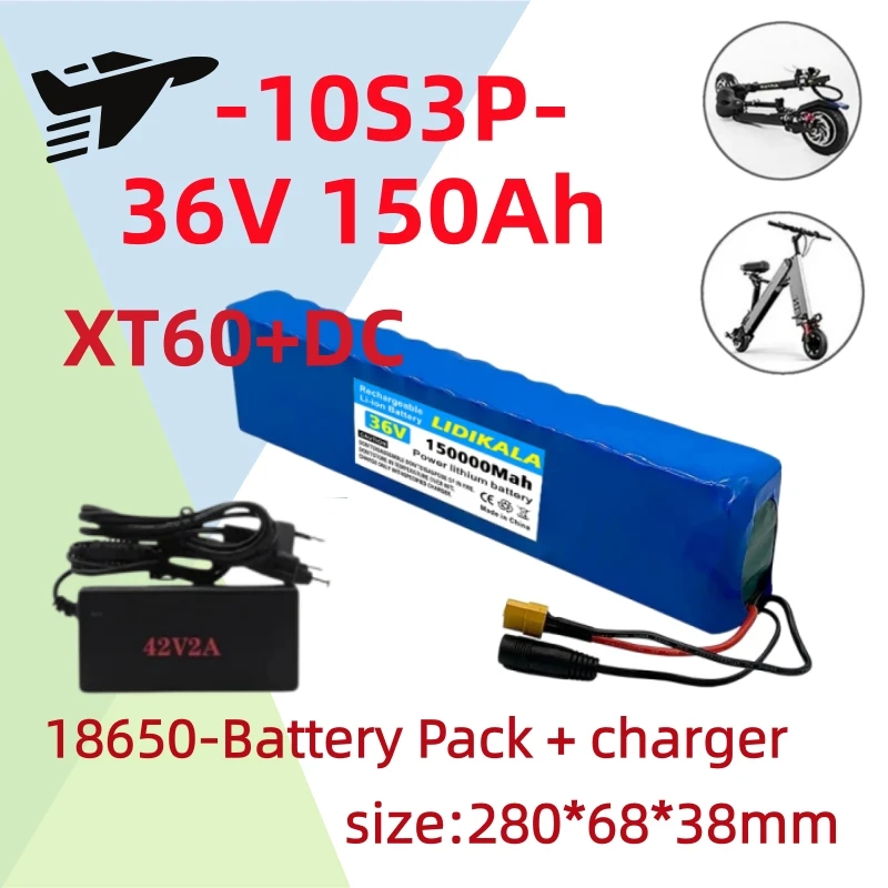 36V 150000mAh 18650 Wiederaufladbarer Lithium-Akku 10S3P für Modifizierte Fahrräder, Roller und Elektrofahrzeuge mit BMS+Ladegerät