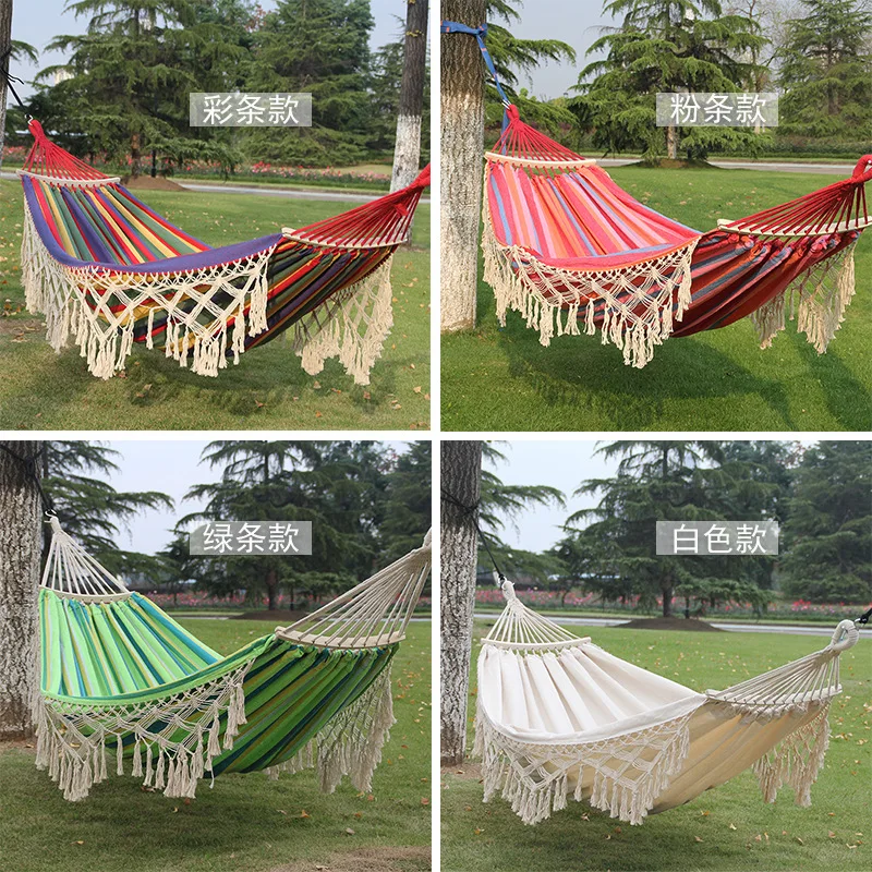 Double Outdoor Hammock Camping Indoor Leisure Hammock Exotic Wind Tassel Curved Stick Camping Hammock Wholesale FULLLOVE