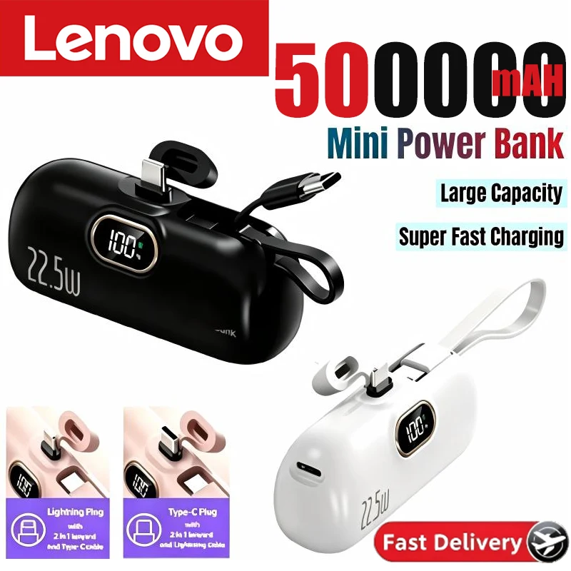 Lenovo 50000mAh Mini Capsule Power Bank 22.5W Super Fast Charging Portable External Battery Powerbank for iPhone Samsung VIVO