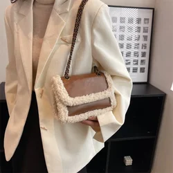 Retro Torebki na ramię z łańcuszkiem dla kobiet PU Leather Fleece Flap Handbag Tote Fashion Female Faux Suede Splicing Crossbody Bag Purses