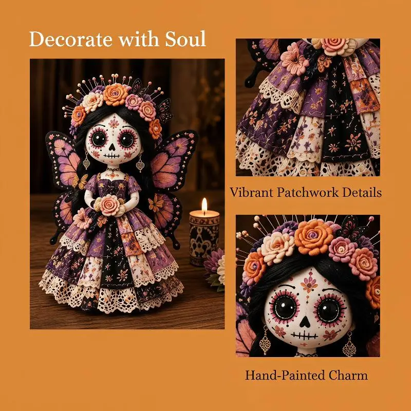Day Of The Dead Patchwork Doll Making DIY Kit Skull Face Hand Sewing Craft Set for Beginner Halloween Party Ornament Gift