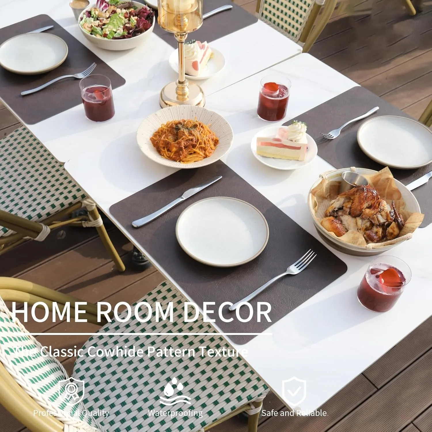 Premium Heatproof Cowhide-Pattern PU Placemats Set Double-Sided Black Coffee,Waterproof & Non-Slip for Stylish Dining Tables Pad