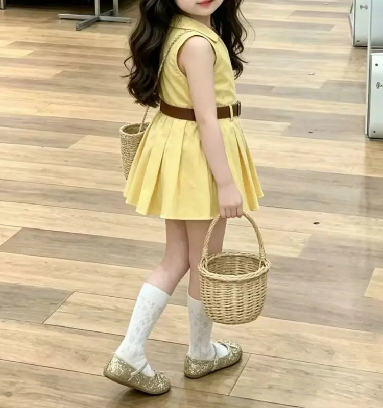 

Girls Summer New Yellow V-Neck Hanging Neck Dress Children's Clothing Toddler Girls Dress Vintage Style Dress for Girls