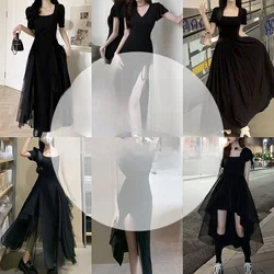 plus Size Women's Dress Hepburn Style Summer Black Long Skirt Slimming High Waist Square Collar Commute Style Fashionable Clo...
