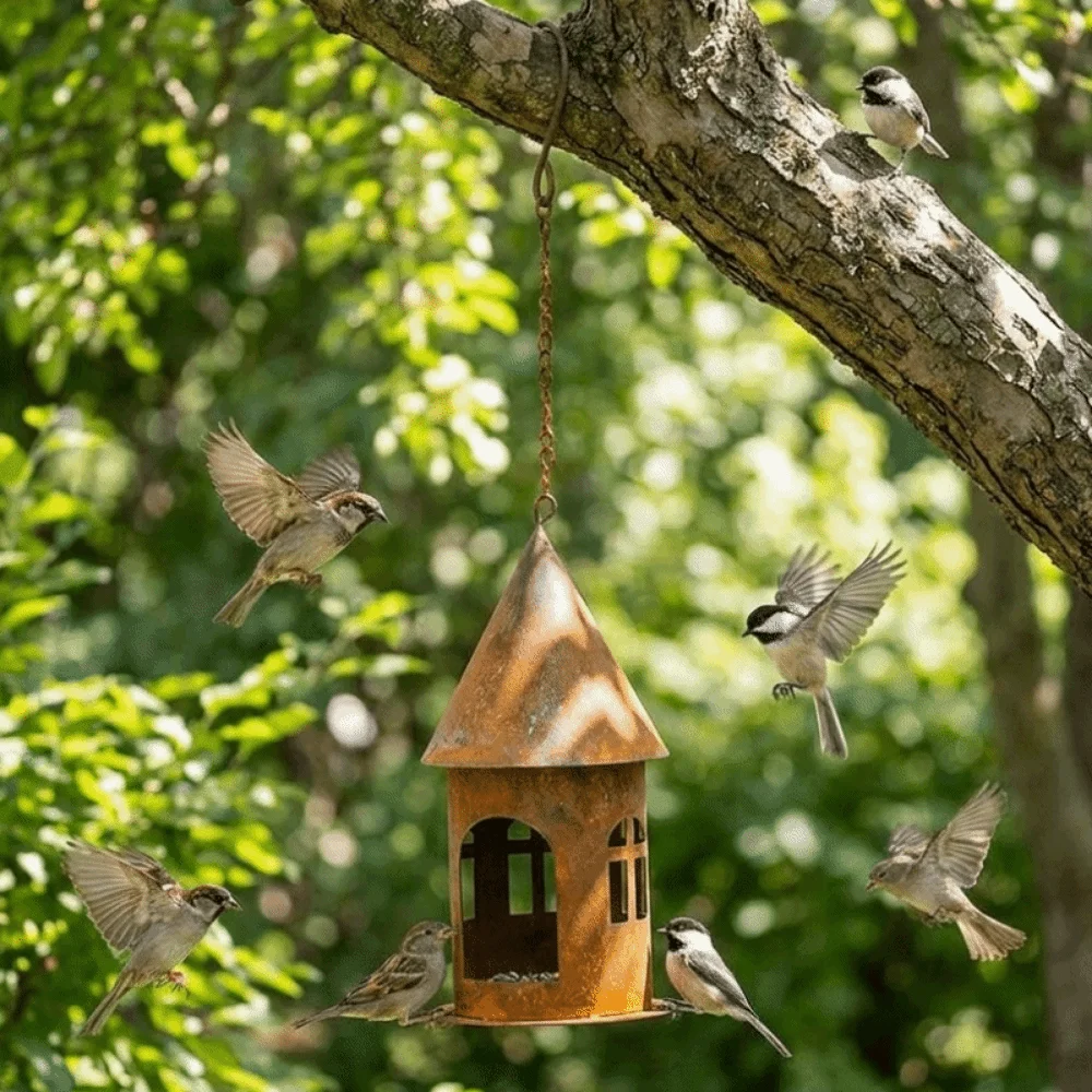 Versatile Iron Rusty Castle Candlestick Rustic Hollow Design Hanging Bird Feeder Decorative Castle
