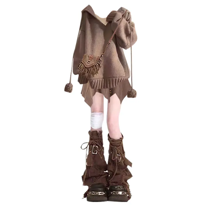 

Early Autumn Loose Long Sve Hoodie Jaet ort Sle Outfit Wasteland Theme Irregular Skirt Two Piece Set Faionabl...