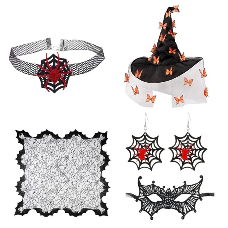 Chapéu bruxa 39BB Women com máscara para os olhos Brincos colar gargantilha feminino feminino