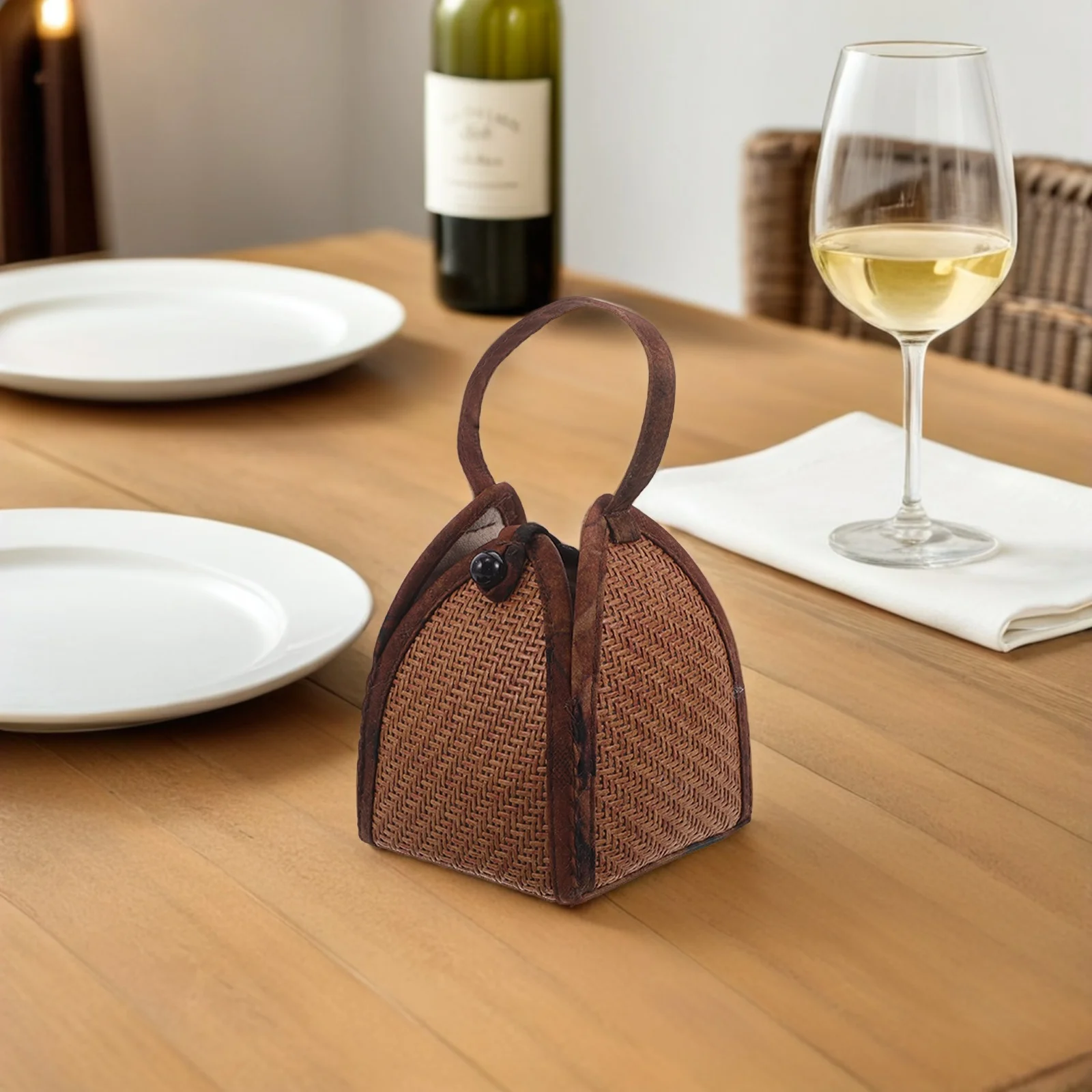 

Tea Cup Bag Handwoven Rattan Thick Fabric Portable Handle Secure Closure For Outdoor Travel Japanese Tea Set Woven Storage