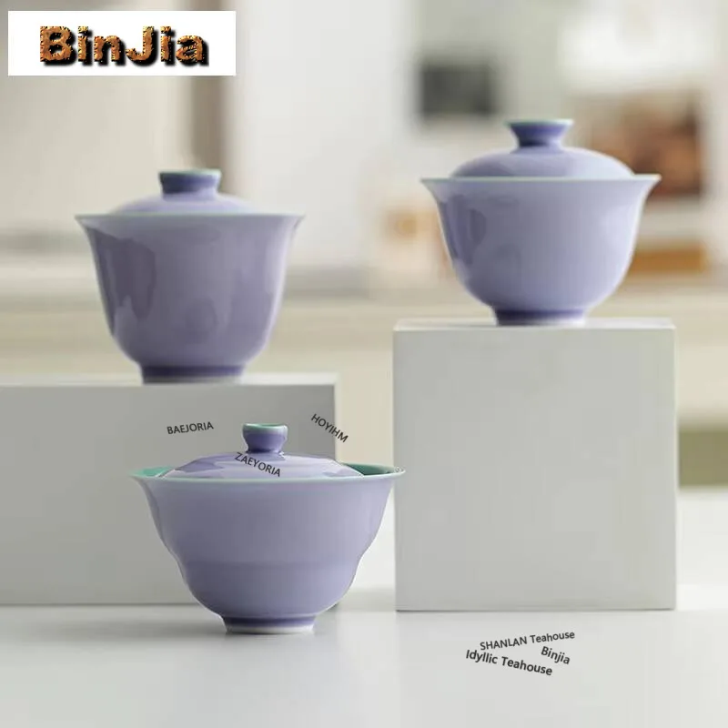 Hibiscus Purple Interior Glazed Turquoise Green Thin Tire Gaiwan Luxury Tea Tureen Tea Bowl With Lid Kit Tea Maker Cover Bowl