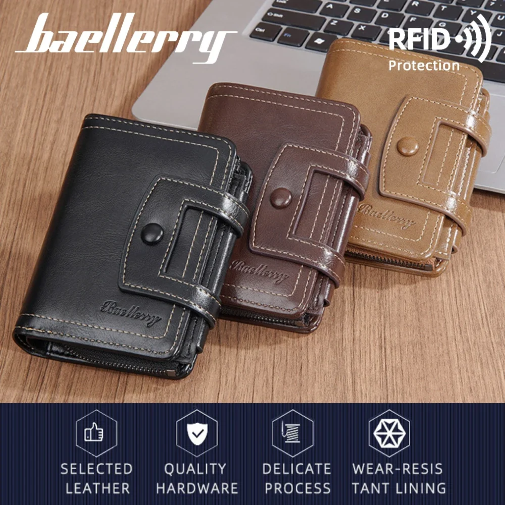 

Leather Men’s Wallet Three Fold Rfid Card Holder with Zipper Coin Pocket Male Purse Short Credit Wallet for Men Money Bag