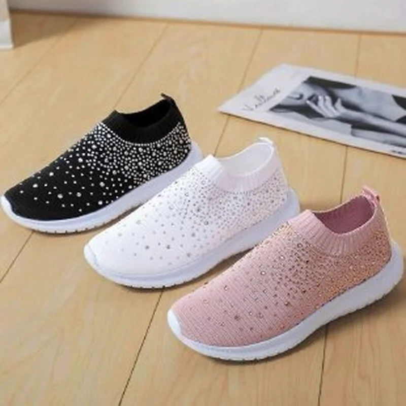 2022 Large Size Rhinestone Elastic Socks Shoes Casual Women\'s Flying Woven Breathable Lightweight Casual Thick-soled Shoes