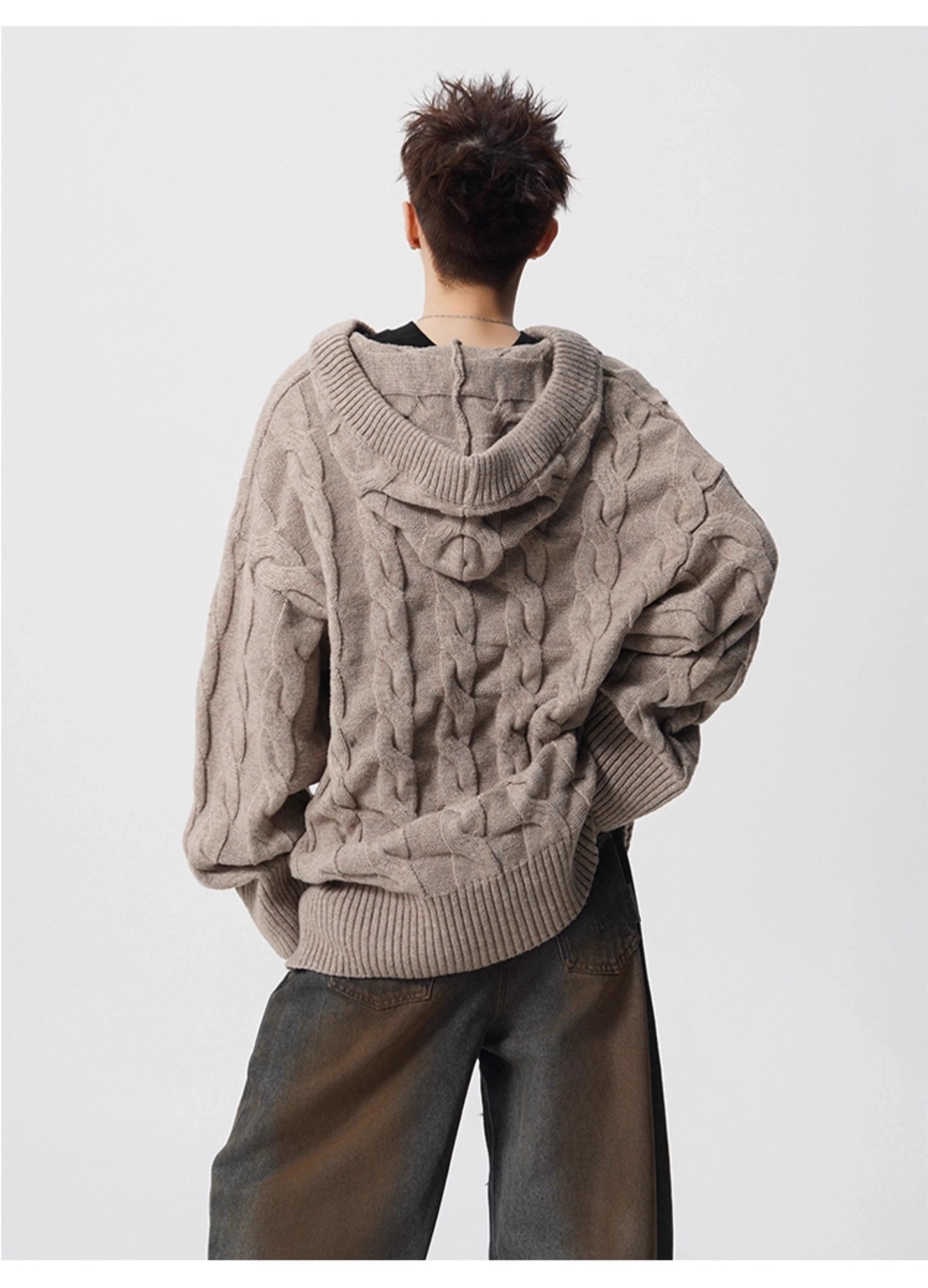 2025 Autumn Winter American Retro Wheat Pattern Black Knit Sweater Men's High Street Loose Casual Khaki Gray Hooded Sweater