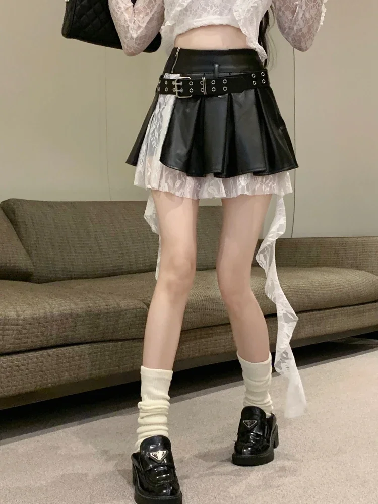 

Black Lace Skirt Pleated Leather Skirt Women Slimming Short dress Irregular Design Versatile Patchwork ZT274