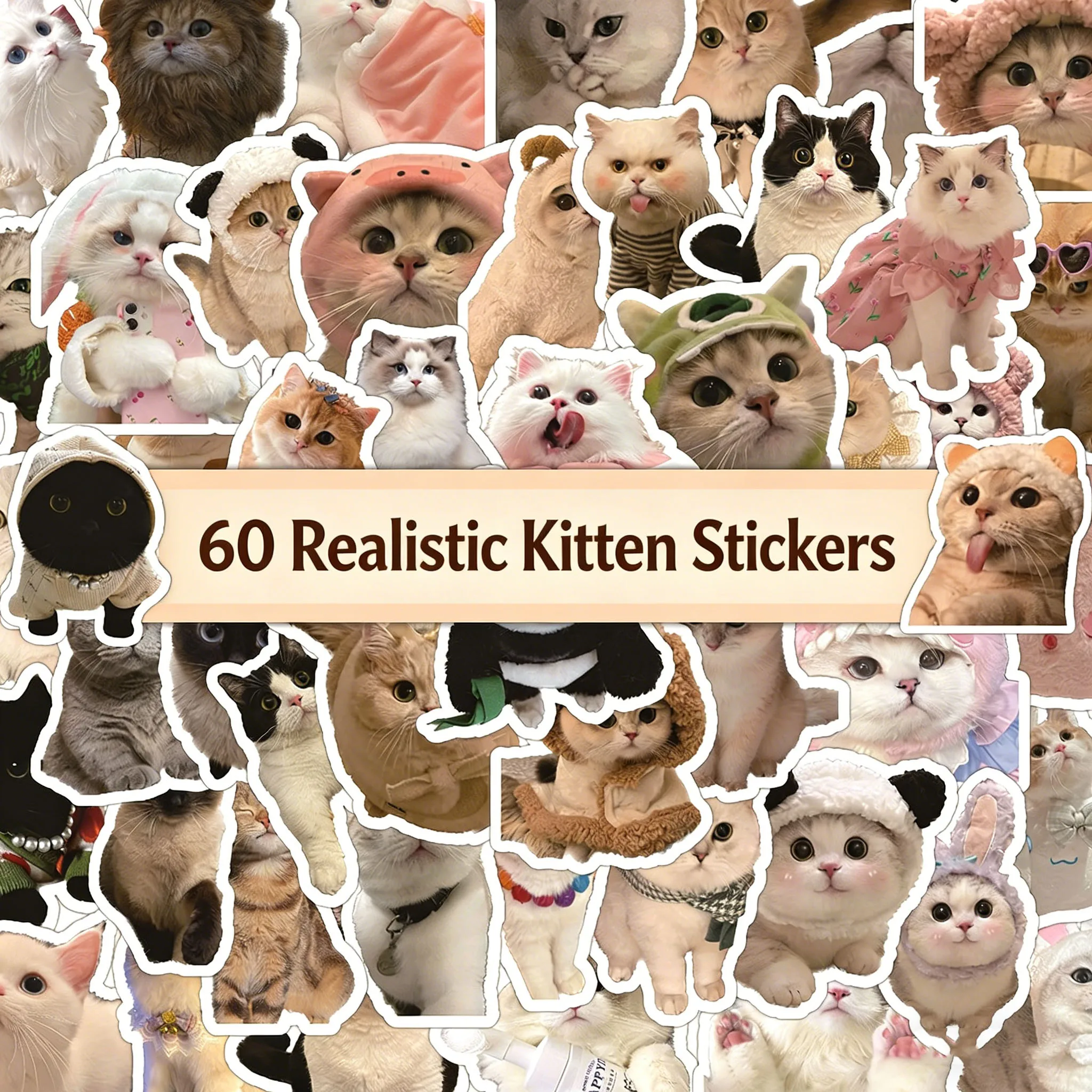 60 Pcs Realistic Kitten dog pet Stickers Cute Cat Waterproof Decals for Laptop Phone Case Scrapbooking Journaling DIY Decor