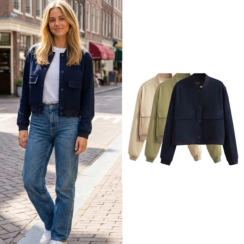 

Женская однотонная куртка-бомбер с карманами и V-образным вырезом