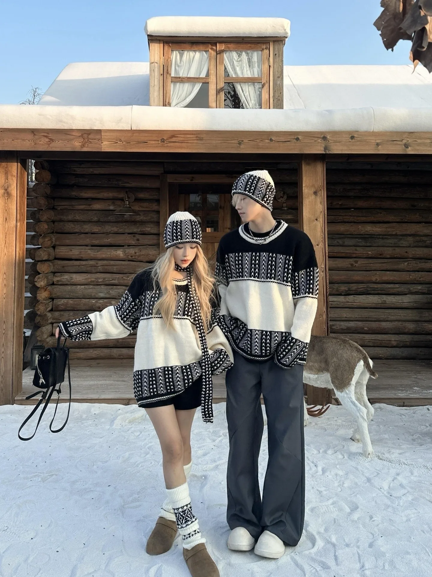 raye-couleur-blo-tricote-pull-echarpe-chapeau-ensemble-rue-sle-coupe-ample-longue-sve-rond-ne-coton-thermique-automne-hiver