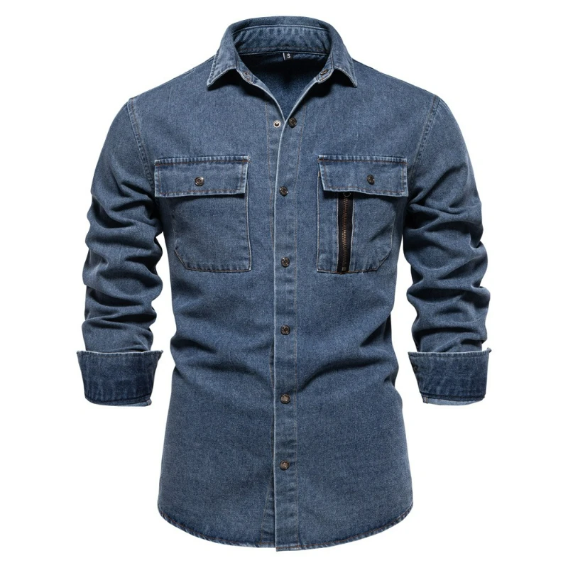 

Men Denim Washed Shirt Turn Down Collar Blouses Single Breasted Outerwear Pockets Casual Shirts Spliced Cardigan Autumn