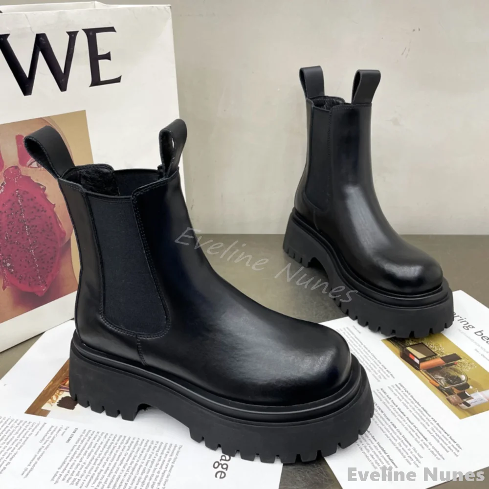 

Black Stretch Boots with Thick Sole Women Round Toe Chunky Heel Leather Slip On Mid Calf Boots 2025 New Fashion Commuter Boots