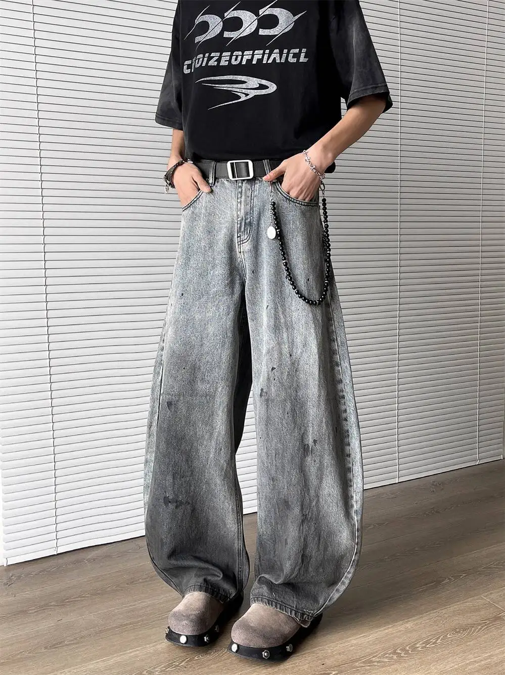 2025 Autumn Winter Jeans Men's Niche Retro Gradient Splash Jeans Trendy Baggy Wide Leg Pants Loose Fit Denim Trousers