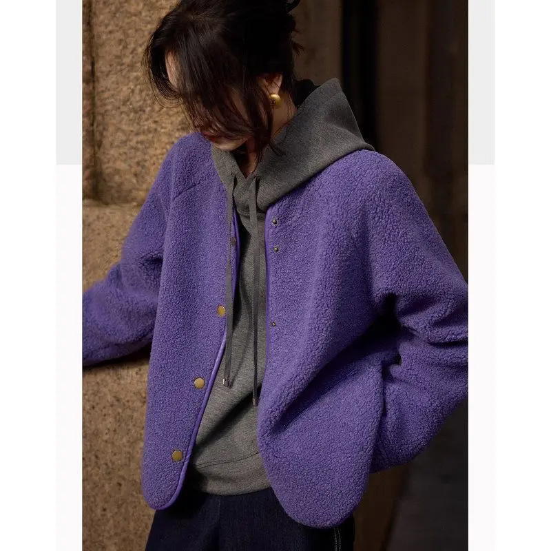 Luxury High Quality Purple Short Faux Lambswool Shearling Coat Women Autumn Winter Minimalist Versatile Textured Fleece Top