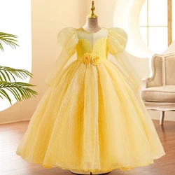 Summer Long Sleeve Kids Party Dress For Girls Children Costume Lace Princess Dresses Girl Party Yellow Dress Birthday Gown