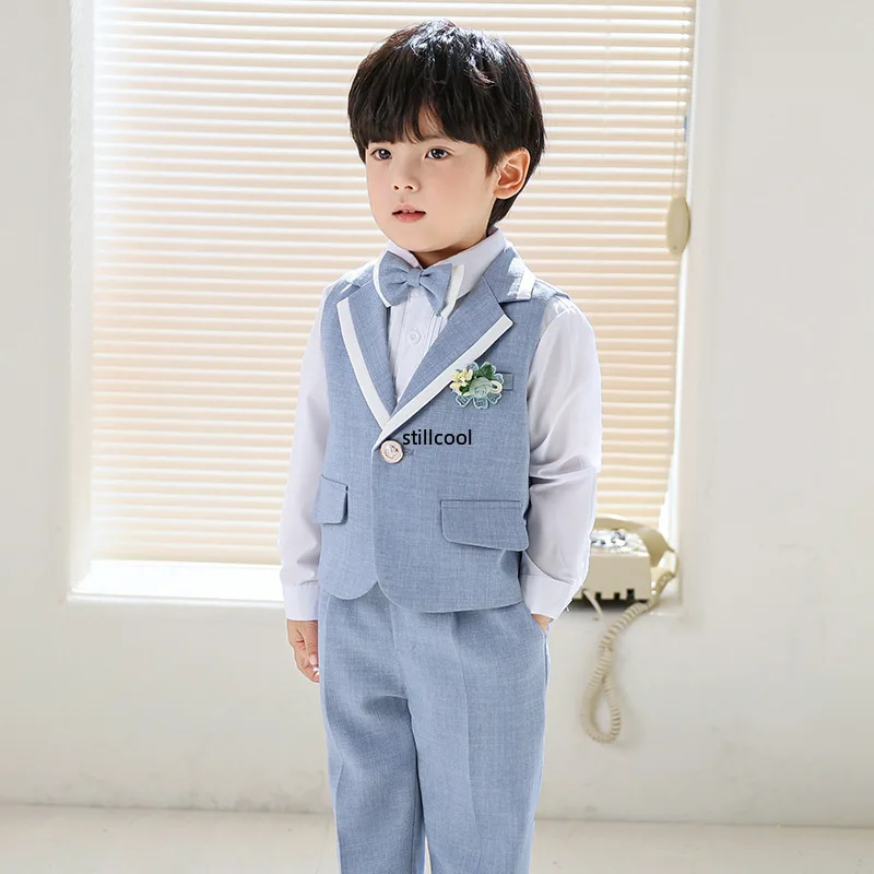 Setelan untuk anak laki-laki mode kerah desain musim panas baru pria kostum pernikahan Formal sekolah anak Piano rompi penampilan Set Blazer