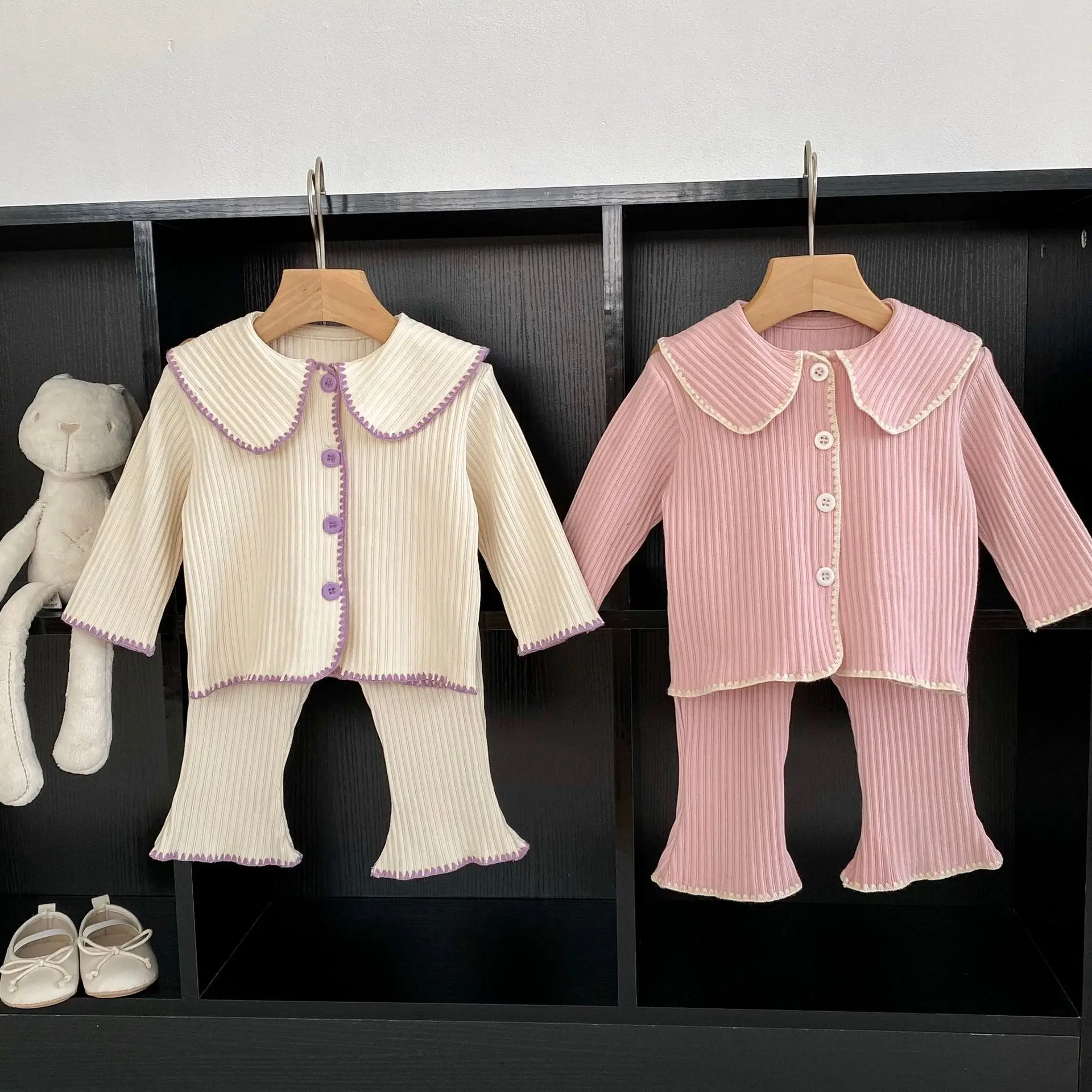 2024 Autumn Baby Kids Clothes Sweet Girls Lapel Collar Long Sleeve Cardigan And Flared Pants 2Pcs Toddler Girls Princess Outfits