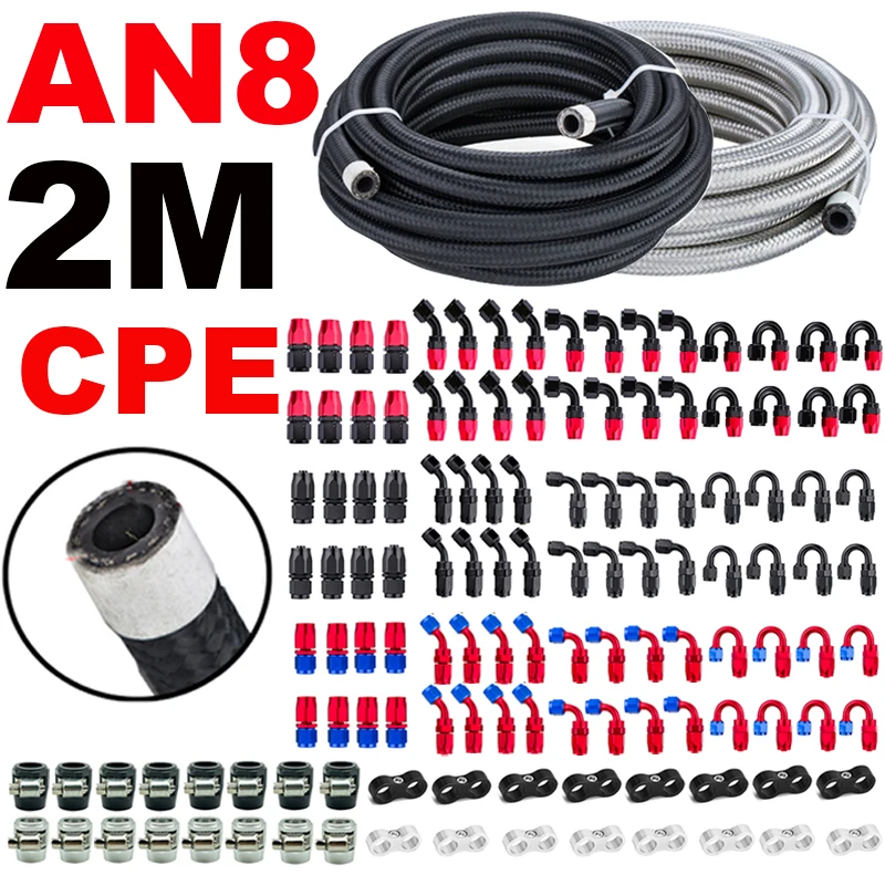 2M/6.56FT AN8 8AN ID:11mm Car Fuel Hose Oil Gas Line Nylon Stainless Steel CPE Rubber Brake Pipe End Fittings Clamps Separator