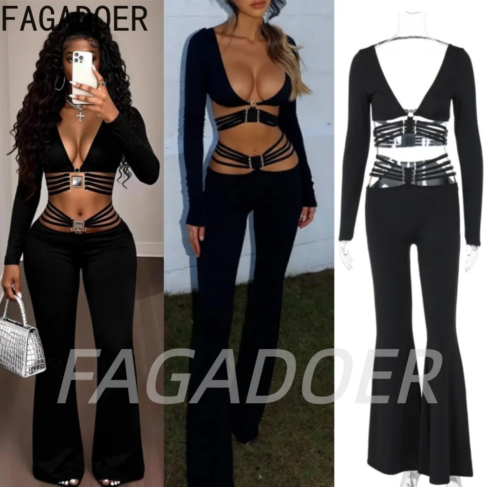 

FAGADOER Sexy Hollow Out Pants 2 Pcs Sets V Neck Bandage Patchwork Crop Top + Bodycon Flare Pants Suits Streetwear Club Outfits