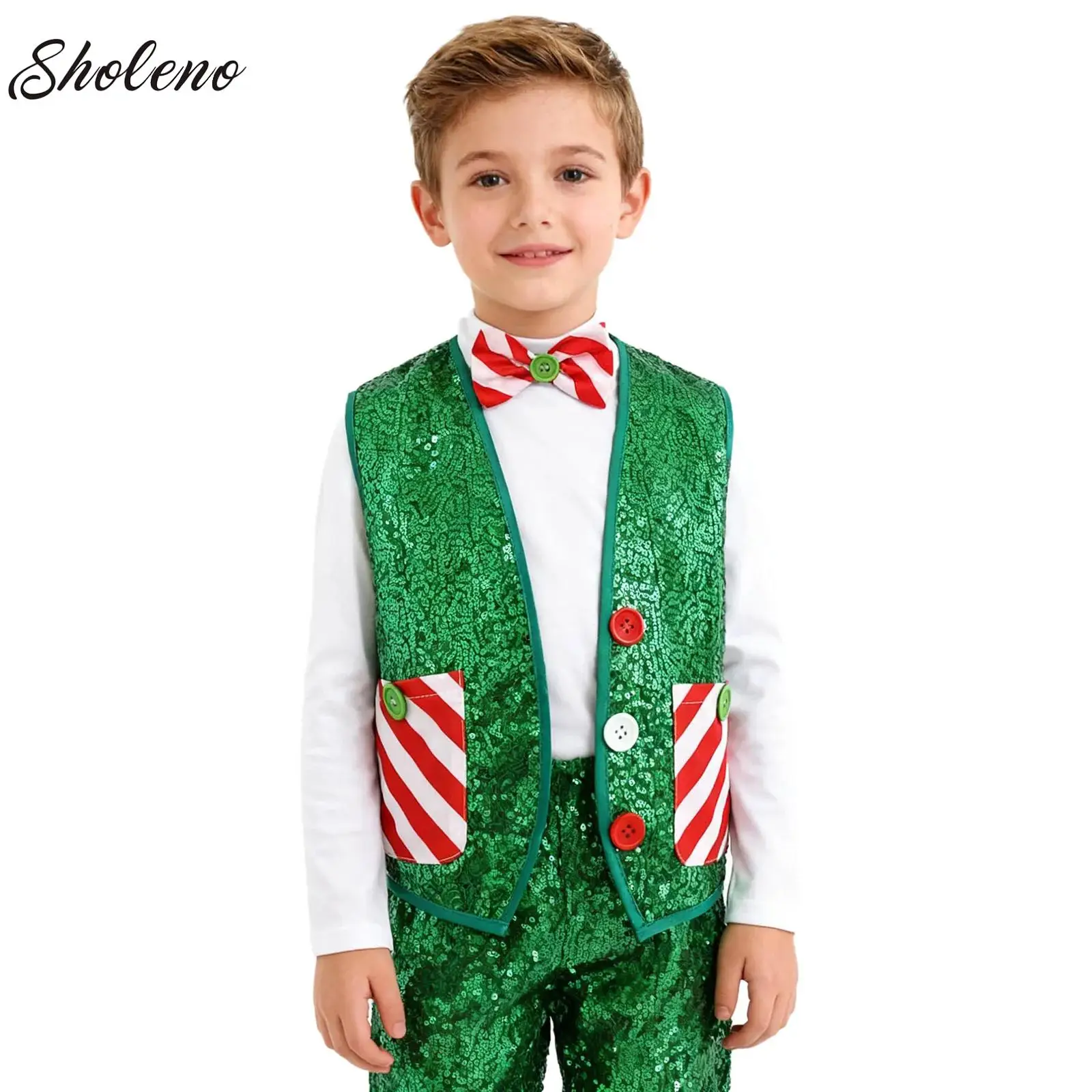 

Boys Christmas Clothes Shiny Sequin Vest Magic Circus Cosplay Costumes Stage Performance Role Play Hip-hop Jazz Dance Waistcoat