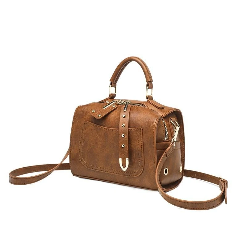 

Women's Vintage Leather Boston Satchel Crossbody Bag, Brown Retro Top Handle Shoulder Purse, PU Leather, Gold Hardware, 2-Way